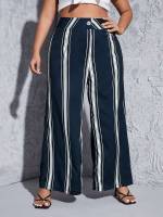  Navy Blue Loose Striped Women Plus Clothing 1619