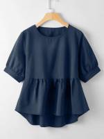  Navy Blue Plain Half Sleeve Plus Size Blouses 6945