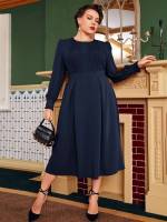 Round Neck Navy Blue Plain Long Sleeve Plus Size Dresses 717