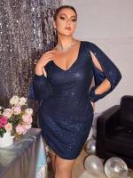 Short Glamorous Contrast Sequin Long Sleeve Plus Size Dresses 1919