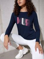 Round Neck Navy Blue Letter Sports 497