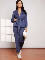 Regular Fit Lapel Navy Blue Plain Women Suits 776