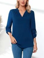 Regular Fit Notched Casual Navy Blue Women Tops, Blouses  Tee 4557