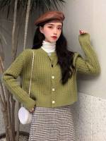 Casual Plain Round Neck Olive Green Women Cardigans 7604