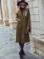 Elegant Lapel Button Olive Green Women Overcoats 935