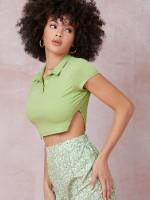 Regular Fit Cap Sleeve Olive Green Split Women T-Shirts 6087