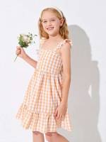 Orange Gingham Ruffle Short Girls Dresses 9797