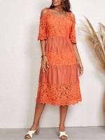 Cold Shoulder Orange Boho Women Dresses 467