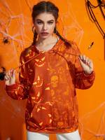 Casual Long Sleeve Orange Halloween Women Sweatshirts 6910