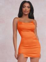 Split Spaghetti Strap Orange Sleeveless Women Dresses 9231