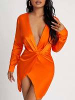 Long Sleeve Deep V Neck Orange Regular Fit Women Clothing 761