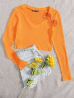 Orange Slim Fit Rib-Knit Crop Women Tops, Blouses  Tee 5985