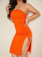 Strapless Orange Midi Ruched Women Dresses 2042