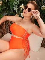 Bandeau Plain Orange Plus Size Swimwear 2589