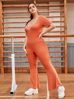 Orange Rib-Knit Sporty Plus Size Jumpsuits 8920