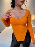  Orange Plain Casual Women Tops, Blouses  Tee 9894