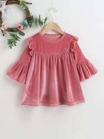 Short Plain Long Sleeve Ruffle Baby Dresses 6514