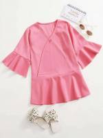 Pink Ruffle Half Sleeve V neck Girls Blouses 4973