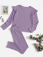  Pink Plain Ruffle Girls Two-piece Outfits 9975