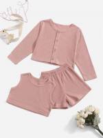 Plain Casual Round Neck Toddler Girls Clothing 7474