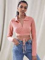 Crop Regular Fit Pink Belted Women Cardigans 4136