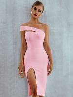 Pink One Shoulder Cut Out Plain Women Dresses 332