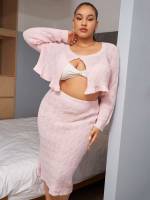 Split Pink Round Neck Plus Size Knitwear 879