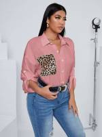 Pink Leopard Casual Plus Size Tops 5747