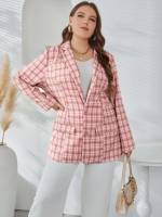  Pink Long Sleeve Plaid Women Plus Clothing 5322