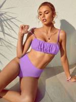 Casual Plain Ruched Bust Women Swimwear 6527