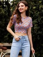 Purple Lettuce Trim Crop Casual Women T-Shirts 8167