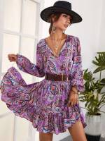 Ruffle Hem Paisley Boho Long Sleeve Women Clothing 5035