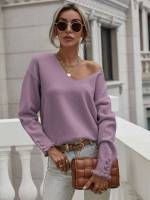 Purple Button V neck Plain Women Sweaters 30