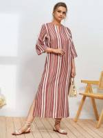 Striped Notched Casual Three Quarter Length Sleeve Wedding  Special 5942