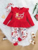  Letter Round Neck Red and White Toddler Girls Clothing 733