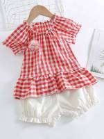  Short Sleeve Round Neck Gingham Toddler Girl Two-piece Outfits 75