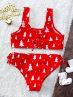 Red and White Scoop Neck  Toddler Girls Beachwear 790