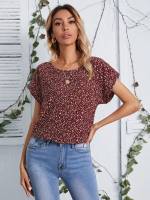 Red and White Round Neck Ditsy Floral Short Sleeve Women Tops, Blouses  Tee 3121