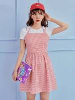 Spaghetti Strap Gingham Short Regular Fit Women Dresses 750