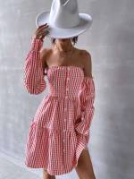 Regular Fit Gingham Ruffle Hem Women Dresses 681