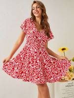  V neck Red and White Ruffle Hem Women Dresses 549