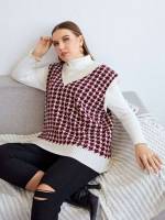  Houndstooth Red and White V neck Plus Size Knit Tops 6575