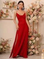 Regular Fit Red Glamorous Plain Weddings  Events 1818