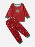 Red Cute Long Sleeve Contrast Binding Kids Underwear  Sleepwear 825
