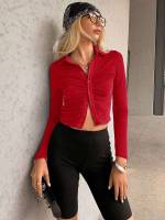 Crop Red Slim Fit Women Clothing 3082