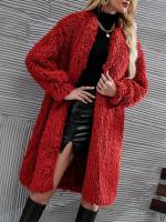 Red Long Sleeve Knee Length Women Faux Fur Coats 9540