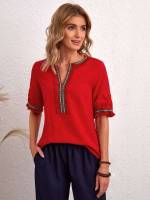 Geometric Notched Casual Regular Fit Women Blouses 5349