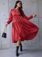 Long Sleeve Ruffle Hem Plain Cute Women Dresses 992