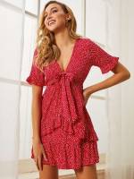 Short Red Deep V Neck Ruffle Hem Women Clothing 5210