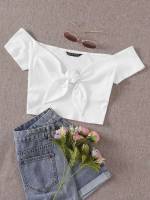 Short Sleeve Plain Casual Crop Women T-Shirts 29